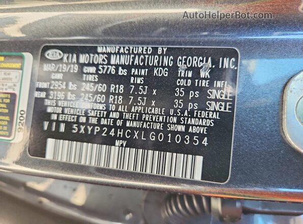 5XYP24HCXLG010354 2020 KIA TELLURIDE Gray VIN կոդի պիտակի տեսք