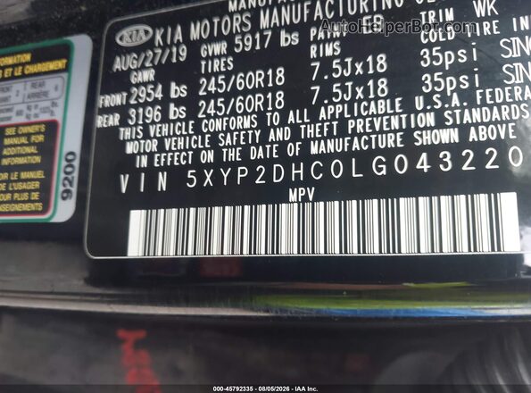 5XYP2DHC0LG043220 2020 KIA TELLURIDE Black Widok komory silnika