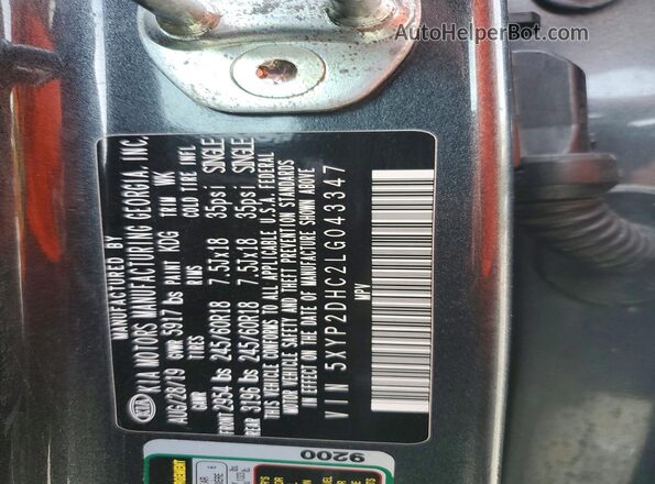 5XYP2DHC2LG043347 2020 KIA TELLURIDE Gray VIN կոդի պիտակի տեսք