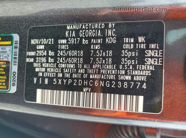 5XYP2DHC6NG238774 2022 KIA TELLURIDE Black Vista de la etiqueta del VIN