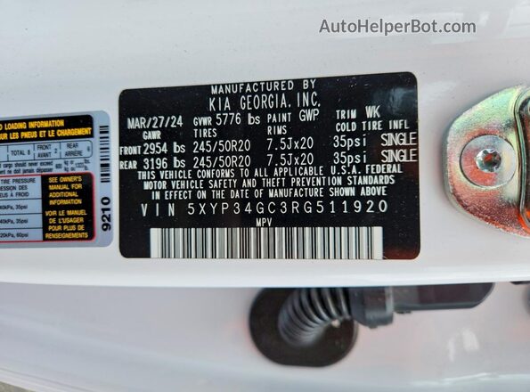 5XYP34GC3RG511920 2024 KIA TELLURIDE White Вид наклейки з VIN-кодом