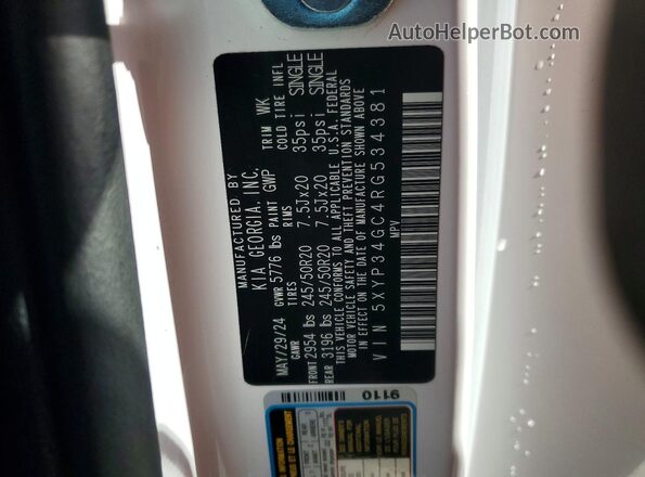 5XYP34GC4RG534381 2024 KIA TELLURIDE Белый Вид наклейки с VIN-кодом