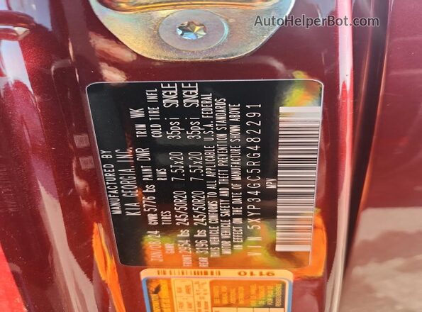5XYP34GC5RG482291 2024 KIA TELLURIDE Burgundy Vista de la etiqueta del VIN