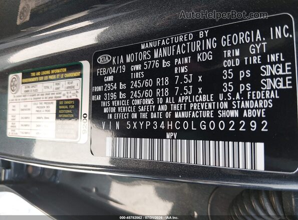 5XYP34HC0LG002292 2020 KIA TELLURIDE Gray Engine compartment view