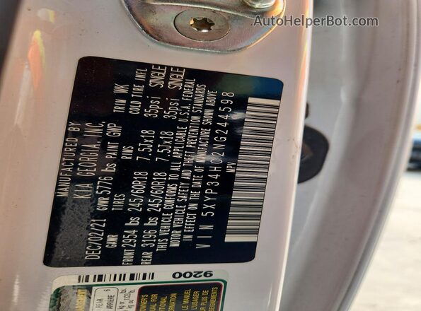 5XYP34HC2NG244598 2022 KIA TELLURIDE White Widok naklejki z numerem VIN