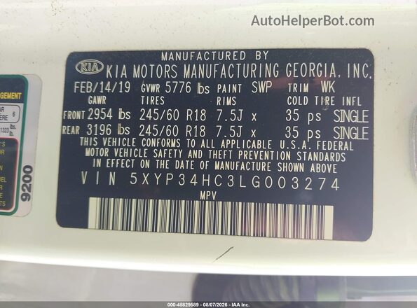 5XYP34HC3LG003274 2020 KIA TELLURIDE Белый Вид подкапотного пространства
