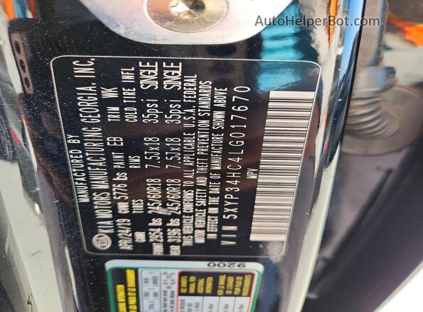 5XYP34HC4LG017670 2020 KIA TELLURIDE Черный Вид наклейки с VIN-кодом