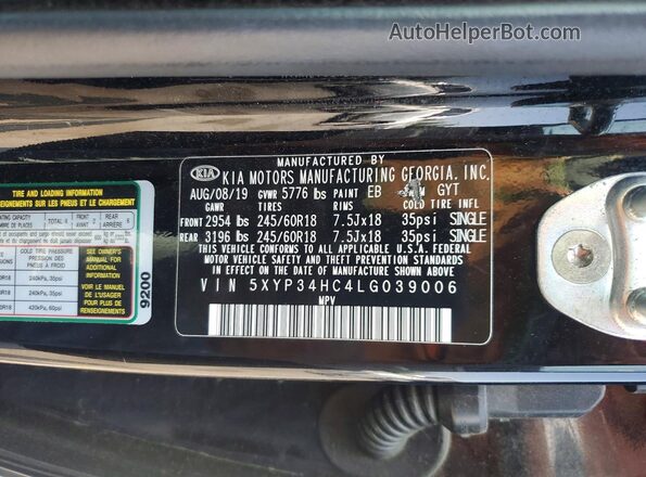 5XYP34HC4LG039006 2020 KIA TELLURIDE Черный Вид наклейки с VIN-кодом