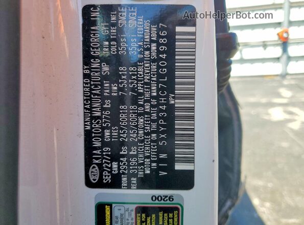 5XYP34HC7LG049867 2020 KIA TELLURIDE White VIN կոդի պիտակի տեսք