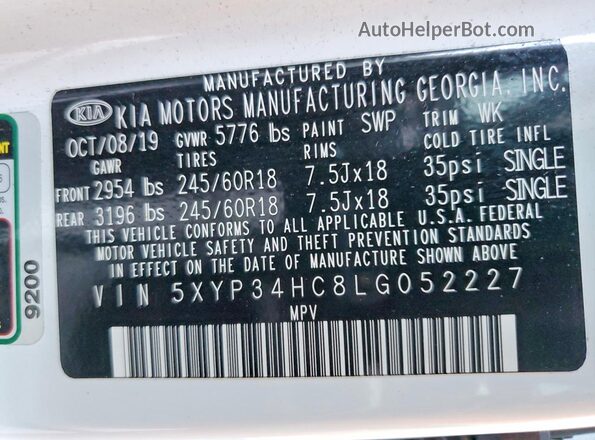 5XYP34HC8LG052227 2020 KIA TELLURIDE White Vista interior de 360 grados