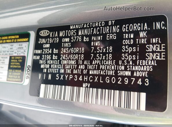 5XYP34HCXLG029743 2020 KIA TELLURIDE Gray Engine compartment view