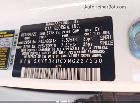 5XYP34HCXNG227550 2022 KIA TELLURIDE White ძრავის განყოფილების ხედი