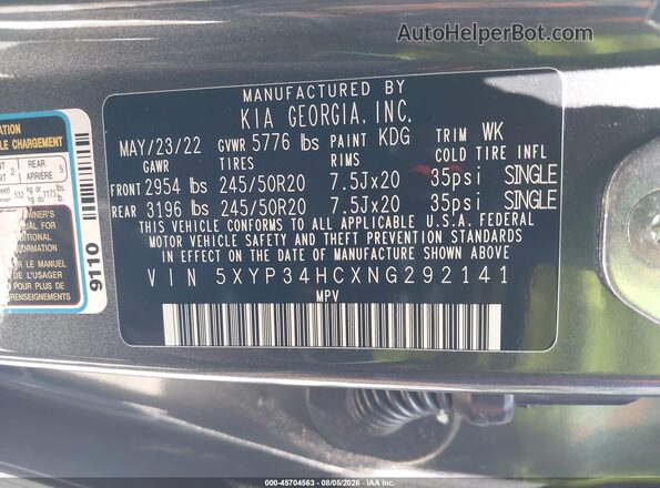 5XYP34HCXNG292141 2022 KIA TELLURIDE Gray Вид підкапотного простору