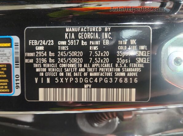 5XYP3DGC4PG376816 2023 KIA TELLURIDE Black Вид наклейки з VIN-кодом