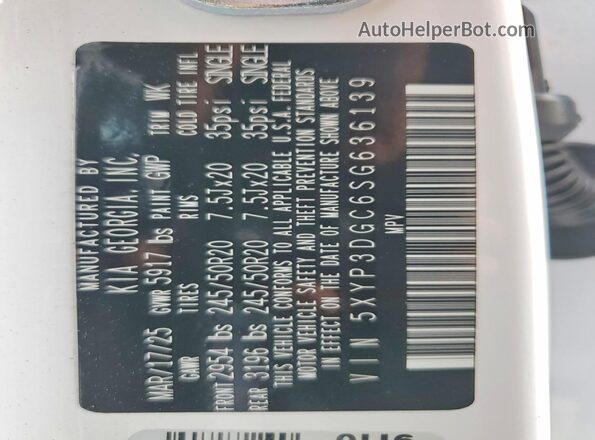5XYP3DGC6SG636139 2025 KIA TELLURIDE White Vista de la etiqueta del VIN
