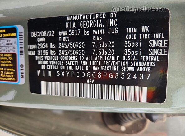 5XYP3DGC8PG352437 2023 KIA TELLURIDE Green Vista interior de 360 grados