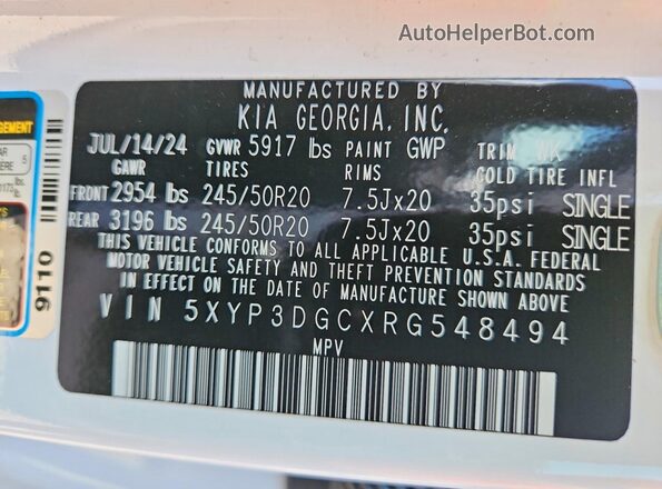 5XYP3DGCXRG548494 2024 KIA TELLURIDE White VIN կոդի պիտակի տեսք