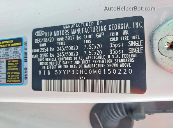 5XYP3DHC0MG150220 2021 KIA TELLURIDE White VIN sticker view