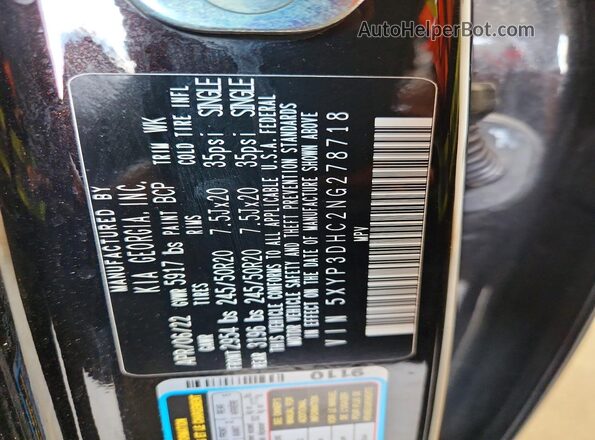5XYP3DHC2NG278718 2022 KIA TELLURIDE Black VIN կոդի պիտակի տեսք