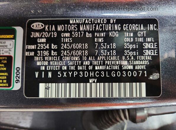 5XYP3DHC3LG030071 2020 KIA TELLURIDE Gray Vista interior de 360 grados