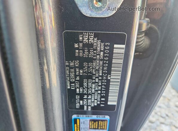 5XYP3DHC3NG263063 2022 KIA TELLURIDE Gray Вид наклейки з VIN-кодом