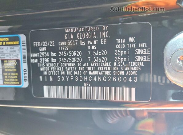 5XYP3DHC4NG260043 2022 KIA TELLURIDE Black Vista interior de 360 grados