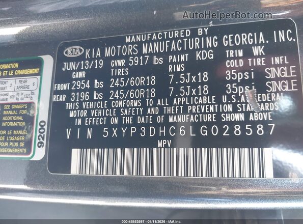 5XYP3DHC6LG028587 2020 KIA TELLURIDE Серый Вид подкапотного пространства