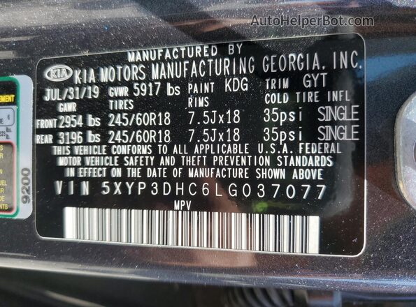 5XYP3DHC6LG037077 2020 KIA TELLURIDE Угольный Вид наклейки с VIN-кодом