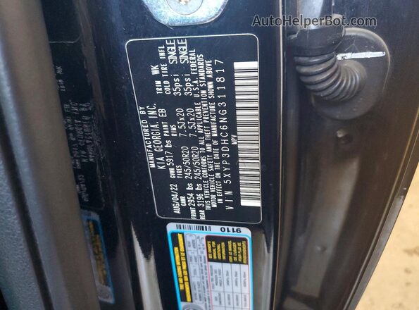 5XYP3DHC6NG311817 2022 KIA TELLURIDE Black Widok naklejki z numerem VIN
