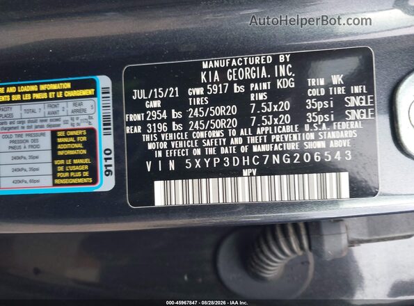 5XYP3DHC7NG206543 2022 KIA TELLURIDE Gray Engine compartment view