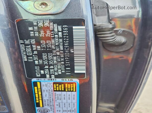 5XYP3DHC9NG229869 2022 KIA TELLURIDE Charcoal VIN კოდის სტიკერის ხედი