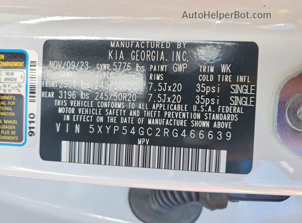 5XYP54GC2RG466639 2024 KIA TELLURIDE White Widok naklejki z numerem VIN