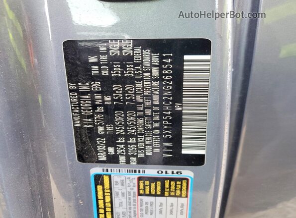 5XYP54HC2NG268541 2022 KIA TELLURIDE Gray Widok naklejki z numerem VIN