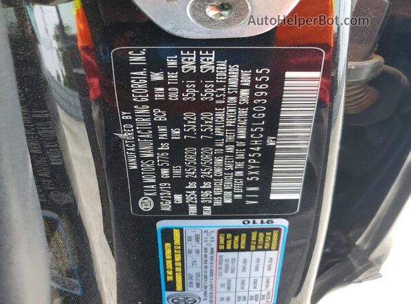 5XYP54HC5LG039655 2020 KIA TELLURIDE Black Вид наклейки з VIN-кодом