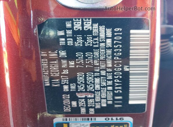 5XYP5DGC1PG357019 2023 KIA TELLURIDE Burgundy 360 interior view
