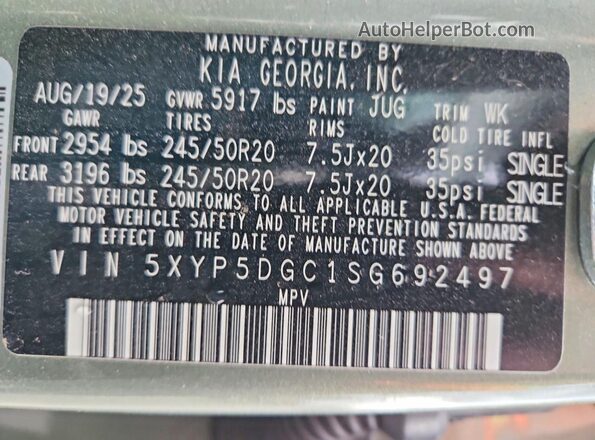 5XYP5DGC1SG692497 2025 KIA TELLURIDE Green Vista de la etiqueta del VIN