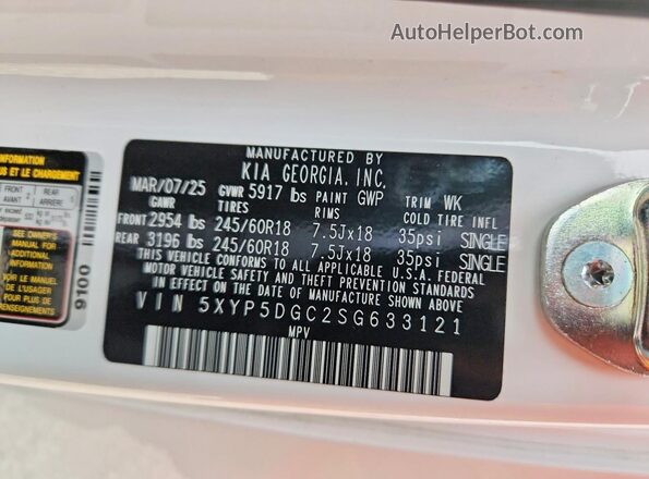 5XYP5DGC2SG633121 2025 KIA TELLURIDE White Vista de la etiqueta del VIN