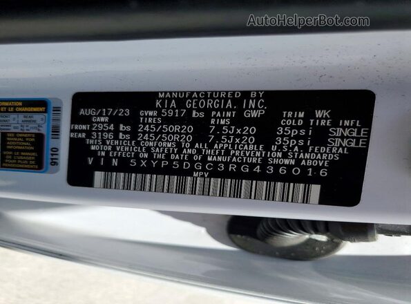 5XYP5DGC3RG436016 2024 KIA TELLURIDE White VIN sticker view