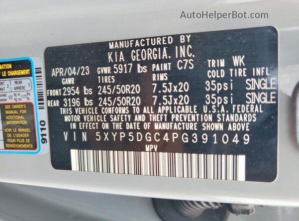 5XYP5DGC4PG391049 2023 KIA TELLURIDE Gray Вид наклейки з VIN-кодом