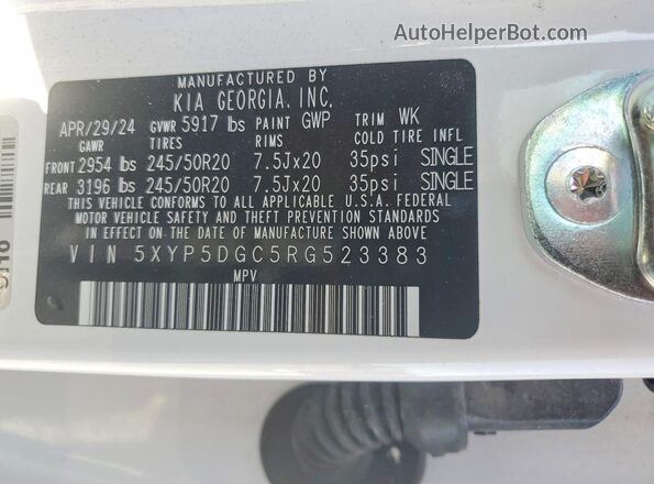 5XYP5DGC5RG523383 2024 KIA TELLURIDE White VIN կոդի պիտակի տեսք