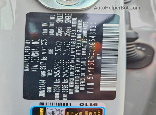 5XYP5DGC5RG543021 2024 KIA TELLURIDE Gray Widok naklejki z numerem VIN