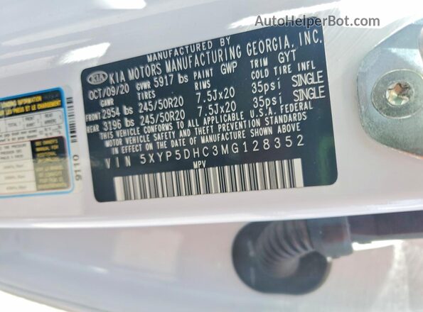 5XYP5DHC3MG128352 2021 KIA TELLURIDE White Widok naklejki z numerem VIN