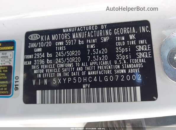 5XYP5DHC4LG072002 2020 KIA TELLURIDE White Engine compartment view