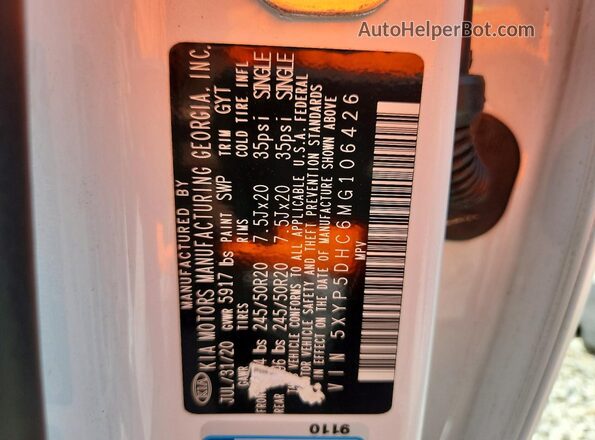 5XYP5DHC6MG106426 2021 KIA TELLURIDE White VIN sticker view