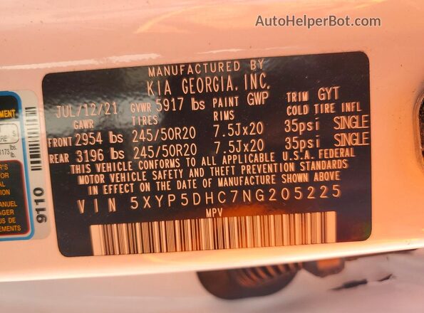5XYP5DHC7NG205225 2022 KIA TELLURIDE Белый Панорамный вид салона 360°
