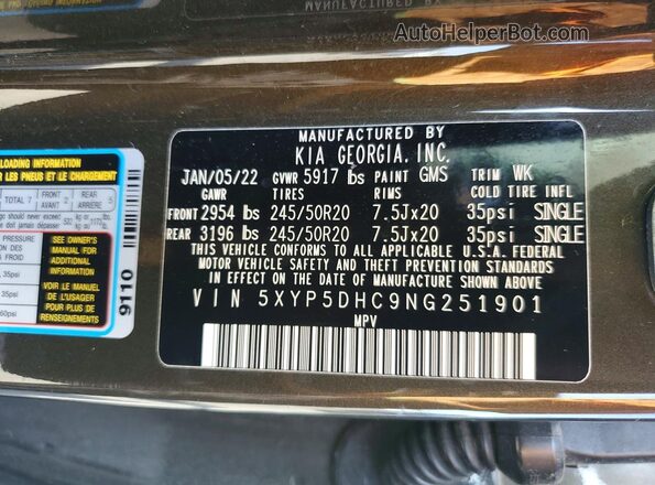5XYP5DHC9NG251901 2022 KIA TELLURIDE Золотой Вид наклейки с VIN-кодом