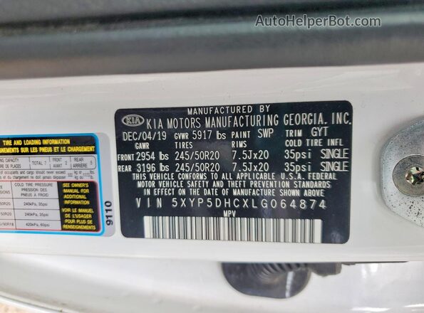5XYP5DHCXLG064874 2020 KIA TELLURIDE White Widok wnętrza 360 stopni