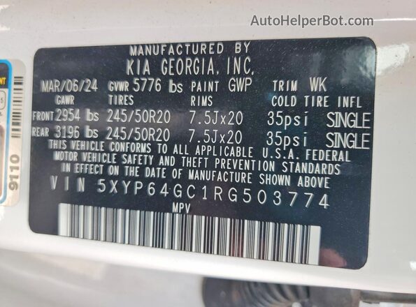 5XYP64GC1RG503774 2024 KIA TELLURIDE White Vista interior de 360 grados