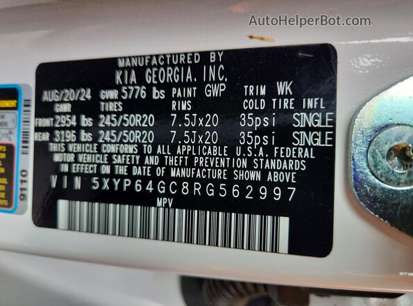 5XYP64GC8RG562997 2024 KIA TELLURIDE White VIN կոդի պիտակի տեսք