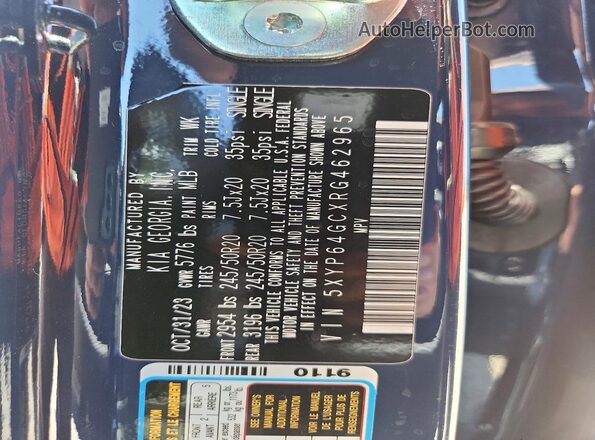 5XYP64GCXRG462965 2024 KIA TELLURIDE Blue Widok naklejki z numerem VIN